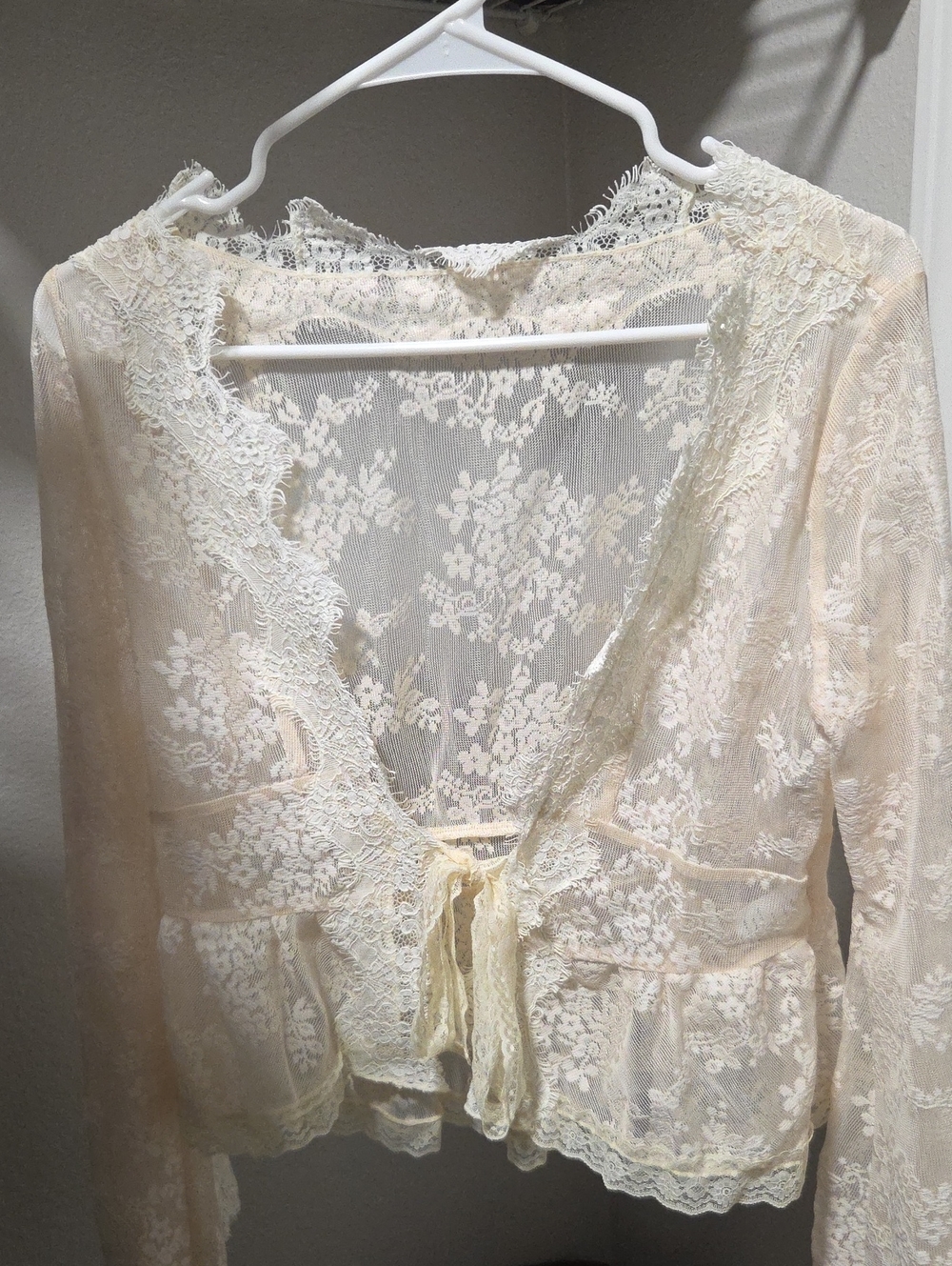 Sheer Lace Tie-Front Blouse in Cream